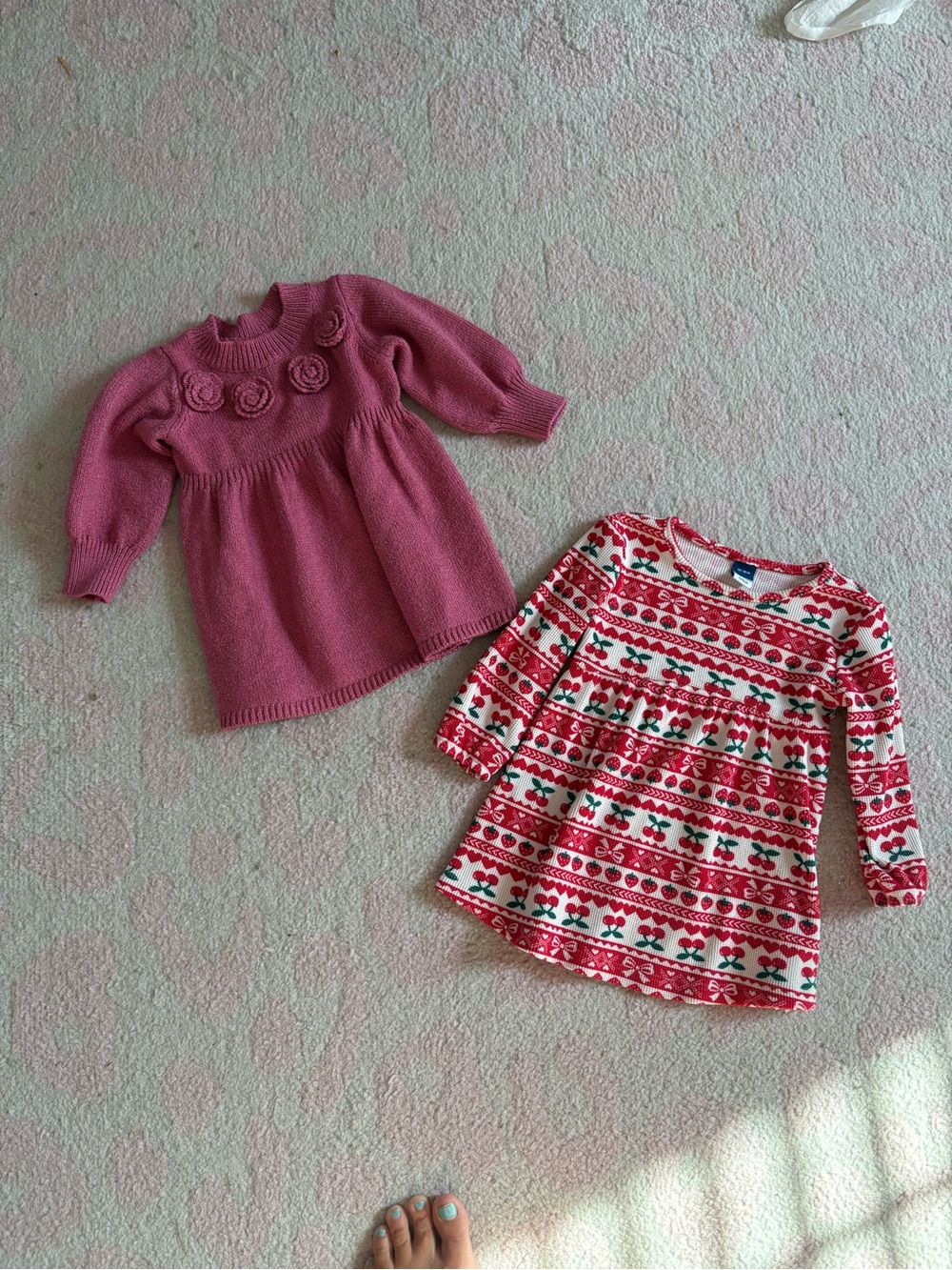 Girls' Pink Knit Flower and Cherry Sweater Dresses